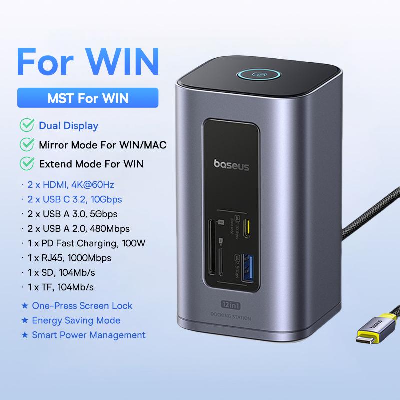 Baseus USB C HUB for Mac 12-in-1 DisplayPort HDMI 4K@60Hz MST Display for macOS Windows Docking Station USB 3.2 RJ45 PD 100W Hub