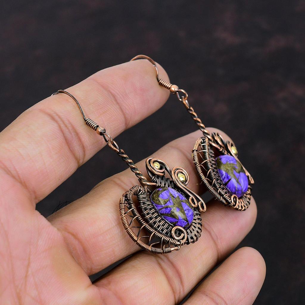 Серьги из медного чароита, серьги из медной проволоки с драгоценными камнями, медные украшения, серьги ручной работы, ювелирные изделия с проволочной обмоткой, подарок для нее, дизайнерские серьги