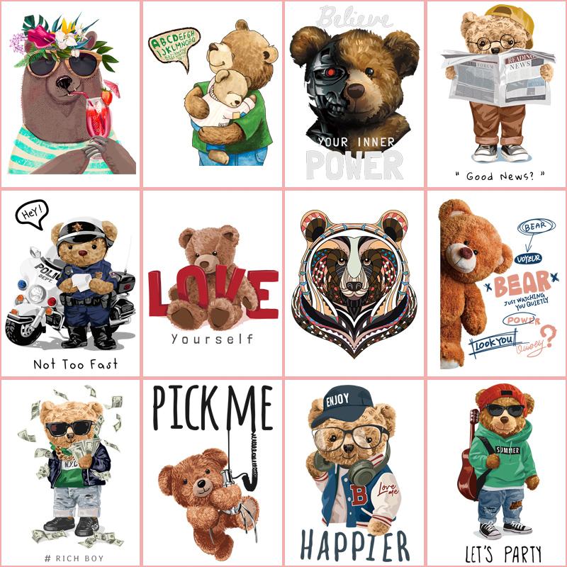 Cool Bears Patch For Clothes Animal Pirnt Clothes Stickers Diy Parches Ropa T-Shirt Hoodies Heat Press Appliqued Iron On Patches