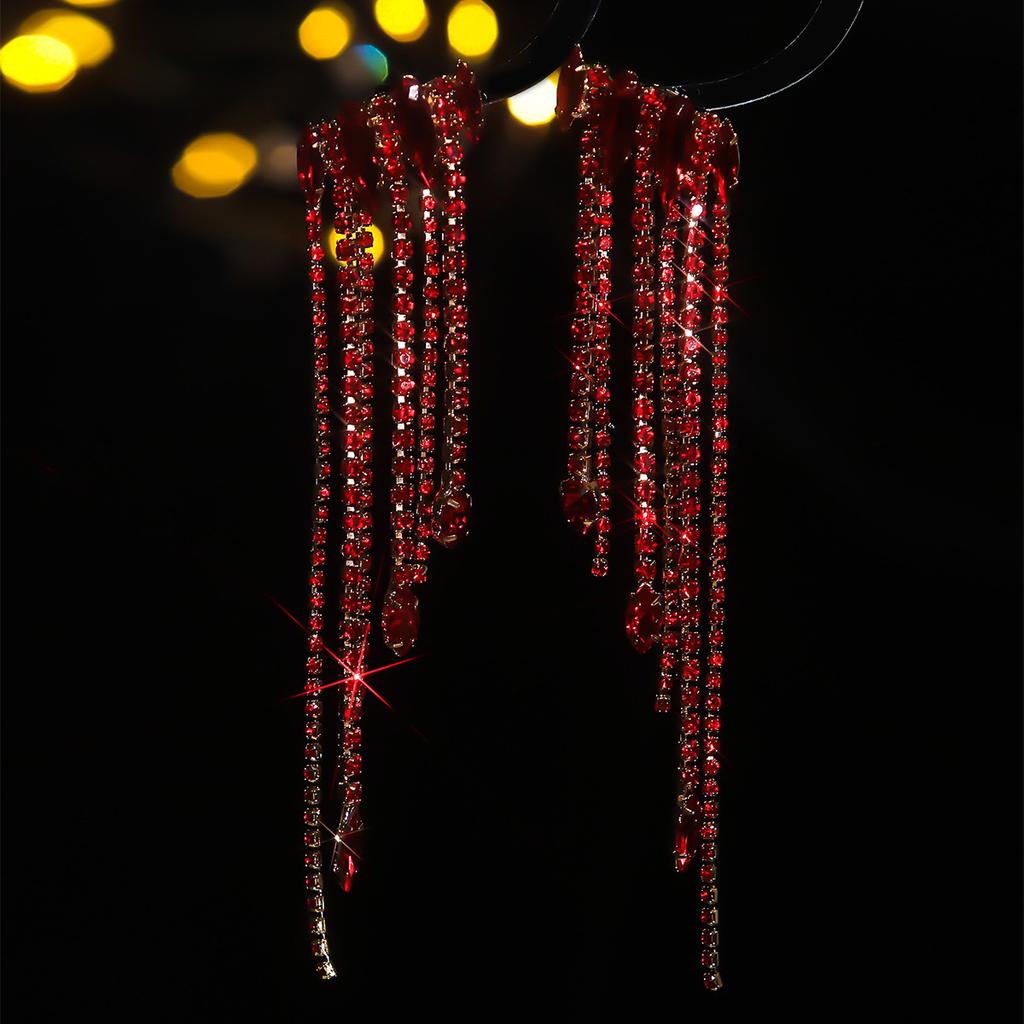 Walking Show Performance Senior Sense Of Exaggerated Red Crystal Long Tassel Earrings Women's Earrings 1 Pair