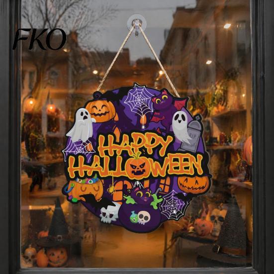 Waterproof Halloween Porch Sign Happy Wooden Door Hanger for Household Front Porch, Cute Ghost Pumpkin Sunproof Holiday Printed Hanging Plaque, Spooky
