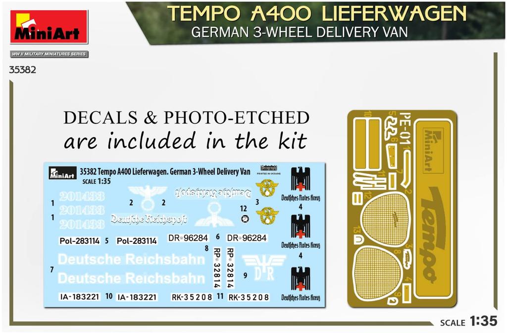Miniart Germany Tempo A400 Lieferwagen Delivery Van Пластиковая модель MA35382 Литье Цвет 1/35 Трехколесный