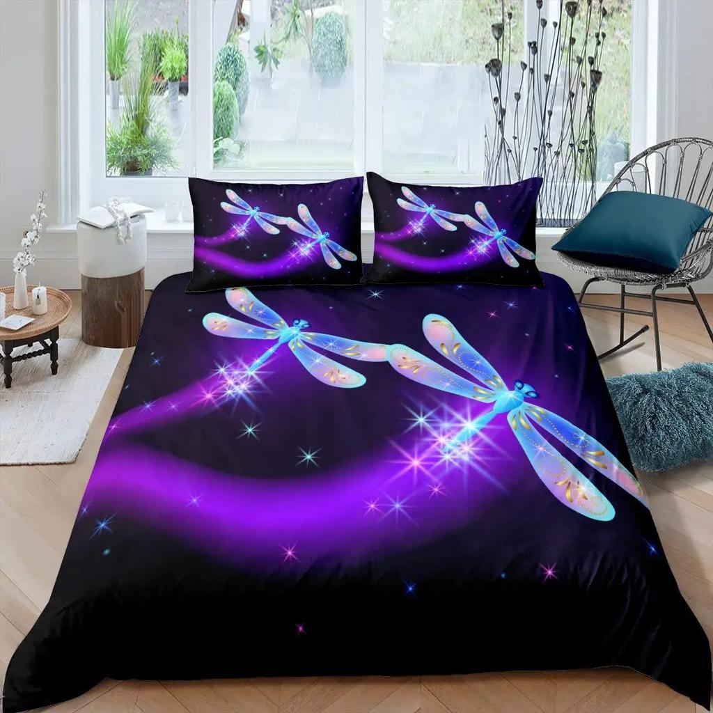 Bohemian Dragonfly Duvet Cover Set King Size Mandala Paisley Bedding Set Purple Tie Dye Iridescent Hippie Polyester Quilt Cover