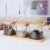 3pcs Set Glass Seasoning Jars with Bamboo Lid Spoon and Storage Tray Salt Sugar Spices Food Storage Container Kitchen Oraganizer