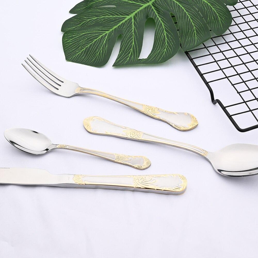 24Pcs Gold Flower Pattern Cutlery Set 18/10 Stainless Steel Tableware Set Knife Fork Tea Spoon Dinnerware Silverware Kitchen Flatware