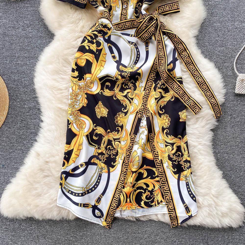 Летние печатные платья с круглым вырезом и длинными рукавами с завязками на талии и темпераментными бедрами