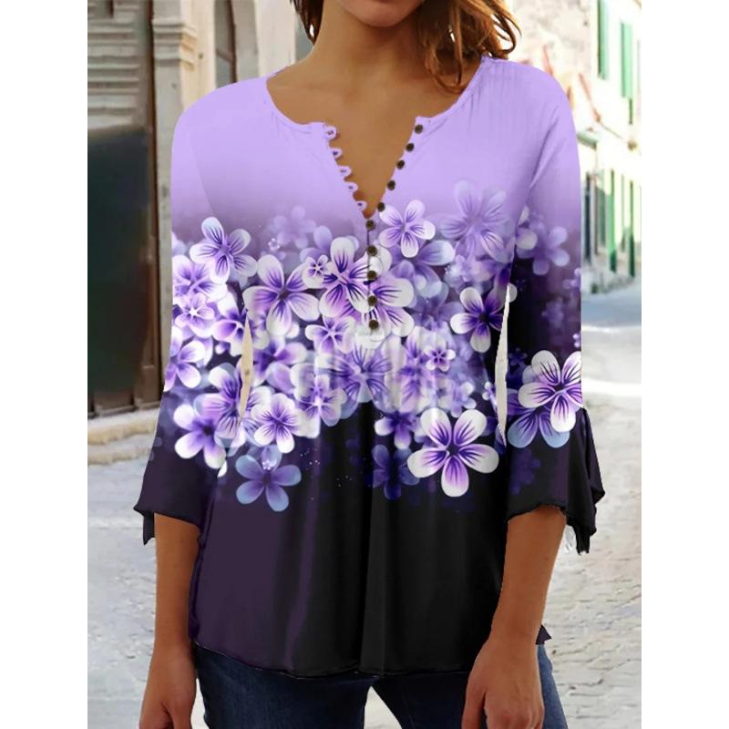 Весенне-летние топы, женская плиссированная футболка на пуговицах с v-образным вырезом и рукавами 3/4 с цветочным принтом