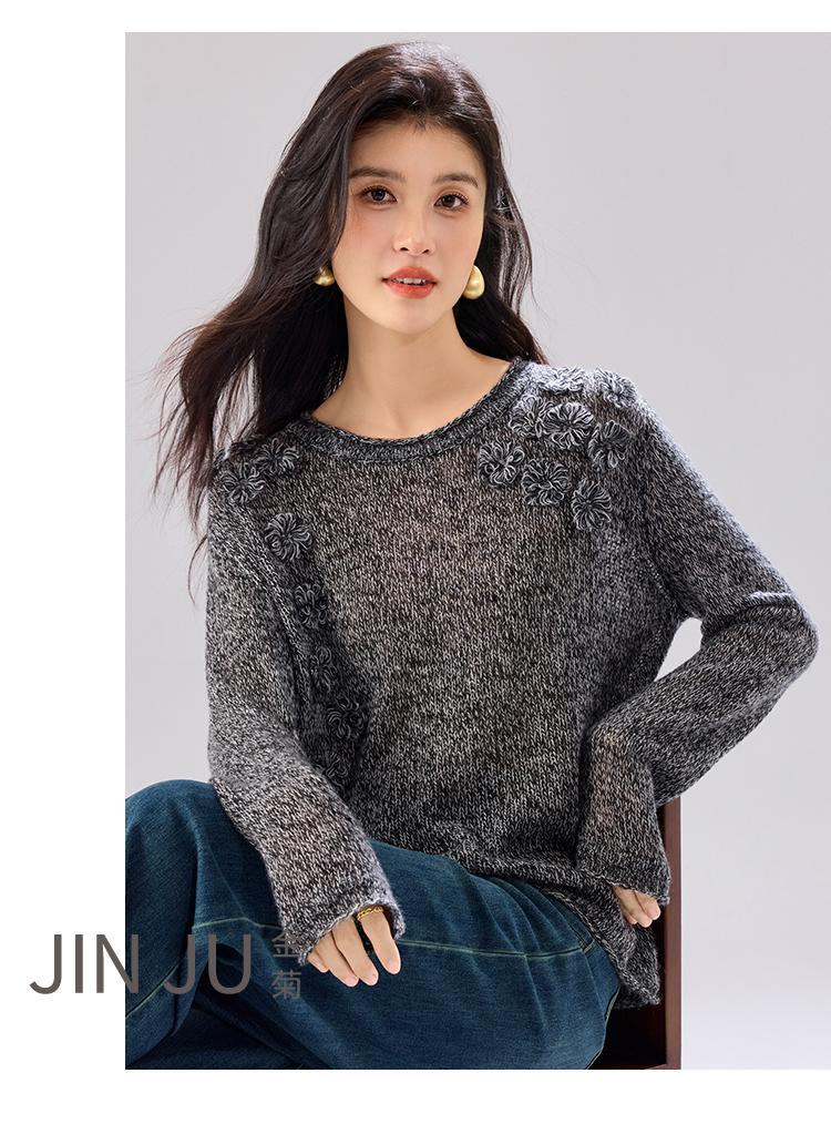 Winter New Fashionable Loose Women's Woolen Sweater with Cashmere [3D Flower Decoration Sheep Wool Top]