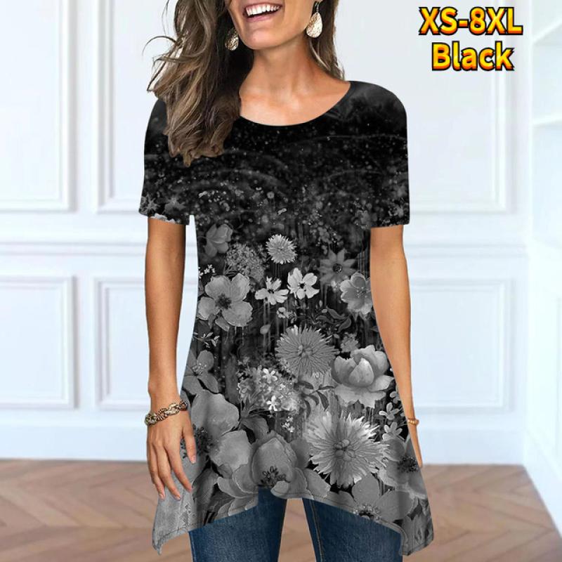 Летняя женская модная и удобная уличная одежда. Базовая повседневная одежда с короткими рукавами и круглым вырезом под открытым свободным топом XS-8XL.