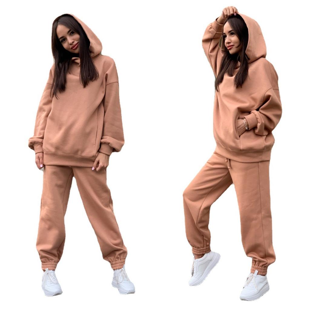 Women's Sets Autumn and Winter Fashion Solid Color Loose Hooded Sweatshirt Casual Trousers Two-piece Set