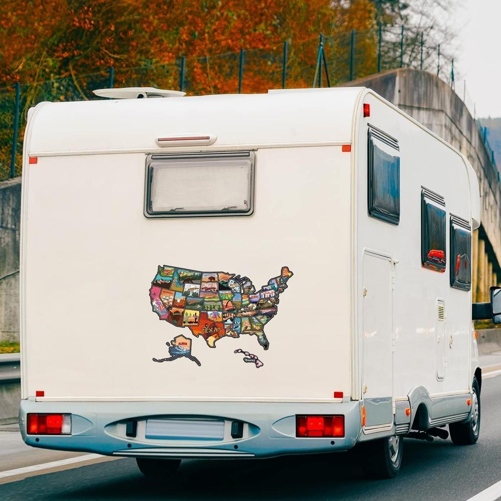 RV State Travel USA Map Sticker, United States Vinyl RV Travel Camper Trailer Map Sticker Of America Waterproof Decals For Window Door Wall, USA Road