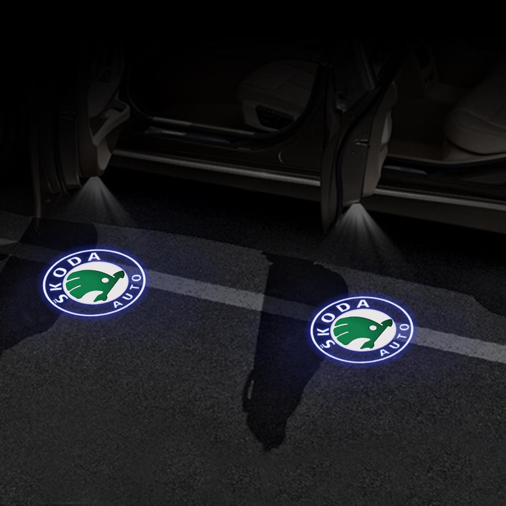 2025 Hot 2PCS Car Door Projector Decor Lamp LED Welcome Lights for Skoda Superb 2009 2013 2014 Badge Emblem Auto Decoration Acce
