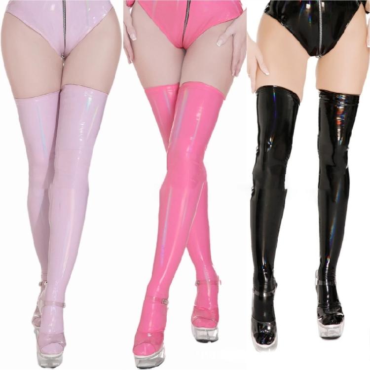 Shimmering Thigh High Stockings Faux Leather Stockings Pantyhose for Women Girls Oil Glossy Over The Knee Socks