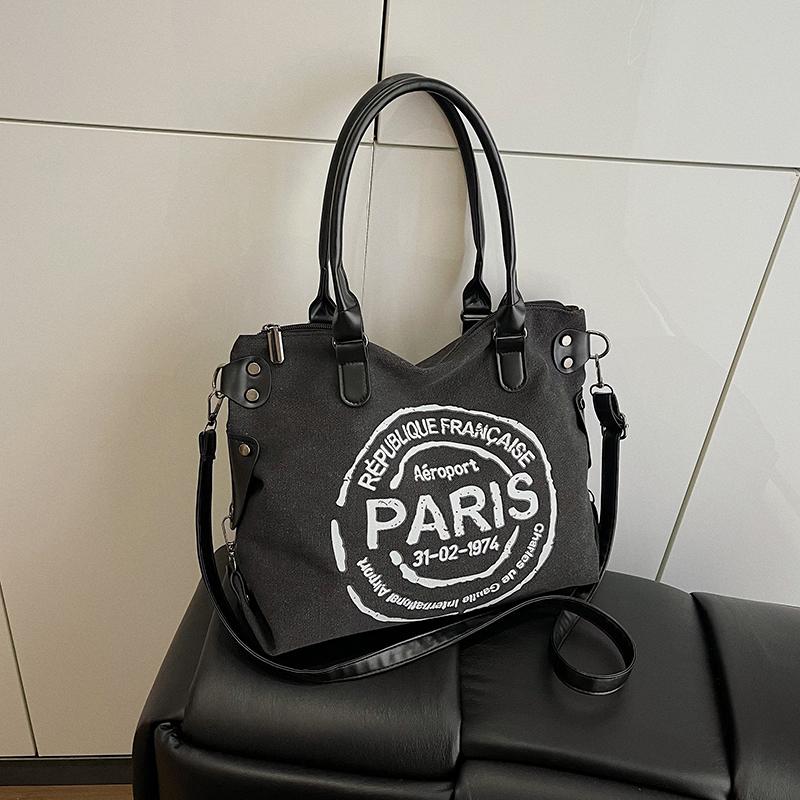 Большая сумка-тоут из ретро-холща - регулируемый плечевой ремень с принтом винтажных парижских штампов - стильная сумка через плечо для женщин