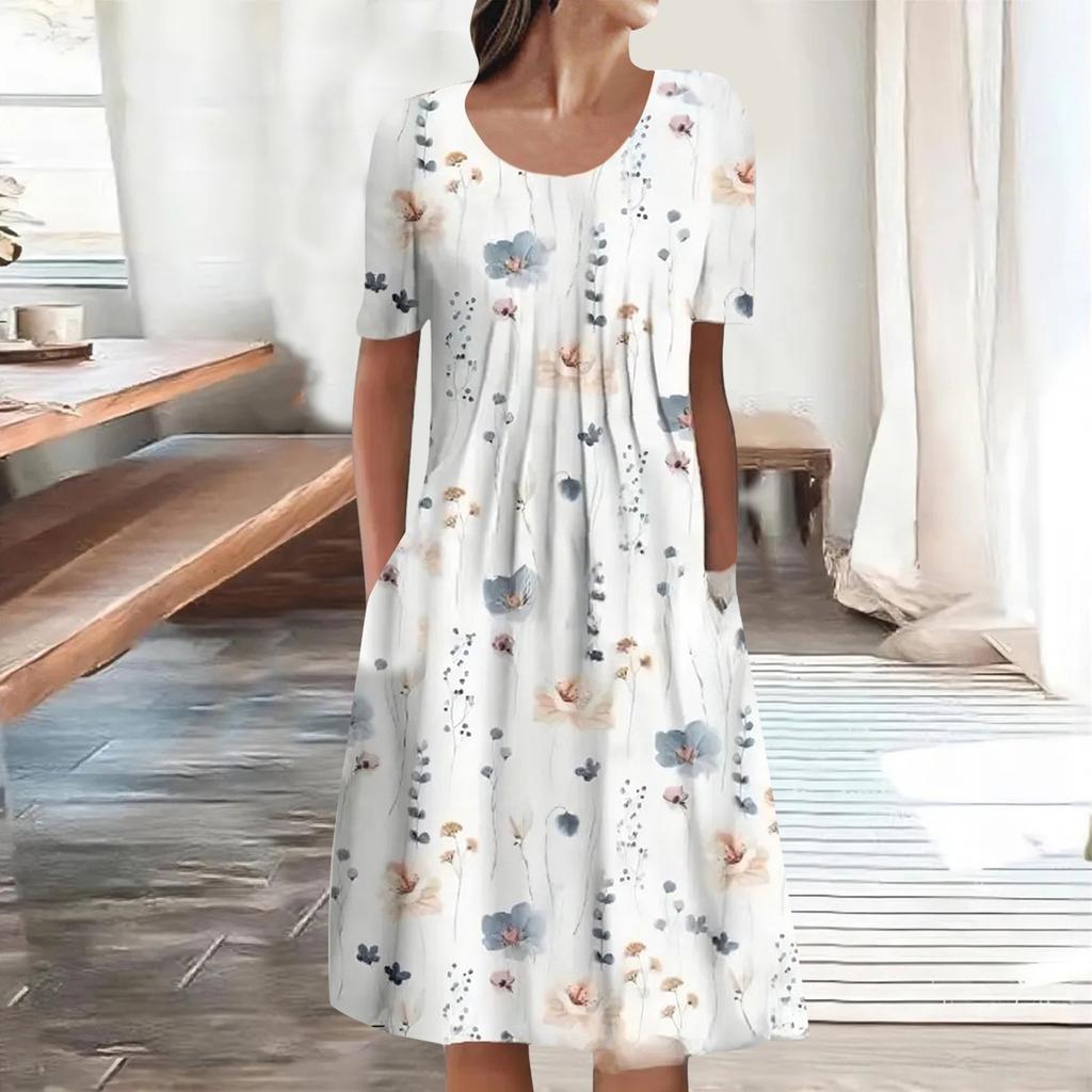 Женское летнее повседневное модное свободное платье с круглым вырезом и коротким рукавом с принтом