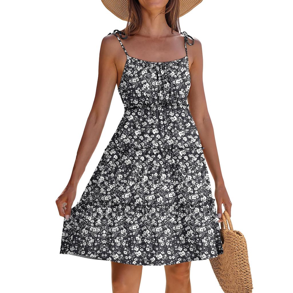 Женское летнее повседневное платье без рукавов на тонких бретельках в стиле бохо с многоярусными оборками, струящееся короткое пляжное платье-сарафан