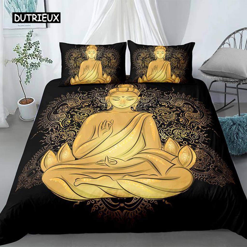Mandala Buddha Duvet Cover Set,Bohemian Bedding Set Golden Black Lotus Flowers Print Luxury Microfiber Polyester Comforter Cover