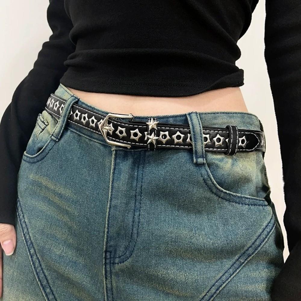 PU Leather Y2K Star Waist Belts Metal Buckle Girls Rivet Waistband Women's Jeans Belt  for Pants
