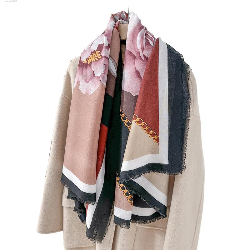 130 Beard Removal Large Square Scarf New High-end Retro Simple Flower Printing Silk Scarf Thin Outer Shawl
