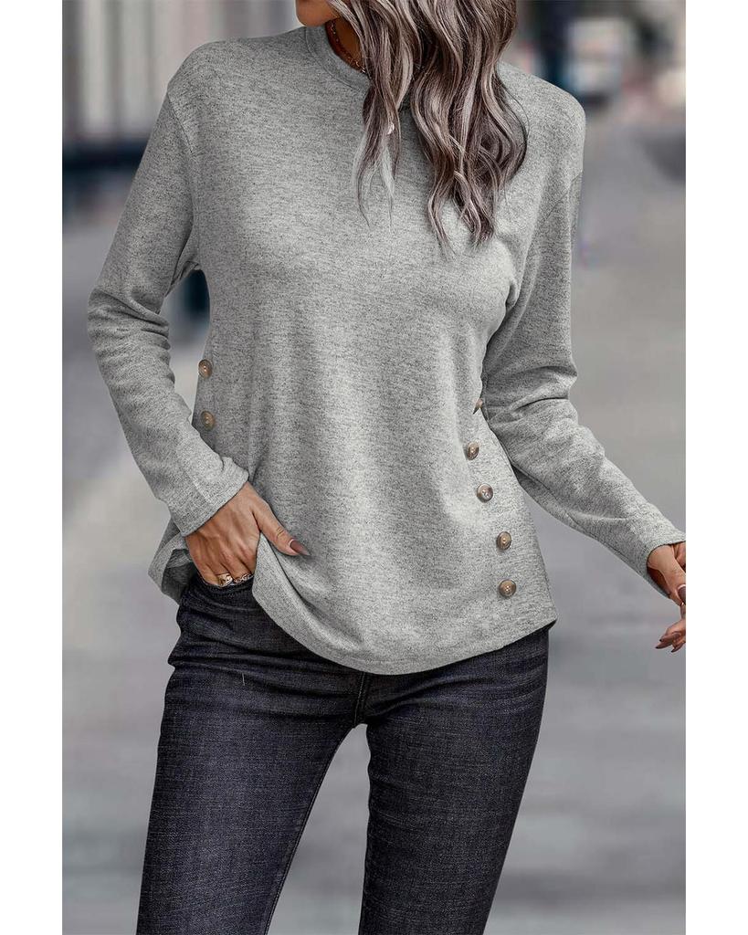 Azura Exchange Gray Side Buttons Crew Neck Knit Top