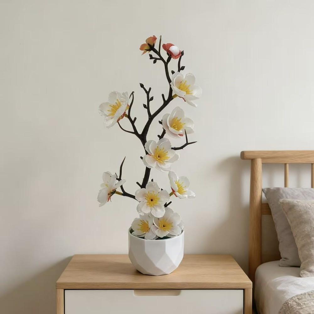 Red Fake Wintersweet Flower Bonsai with White Pot Artificial Faux Plants Living Room Ornaments