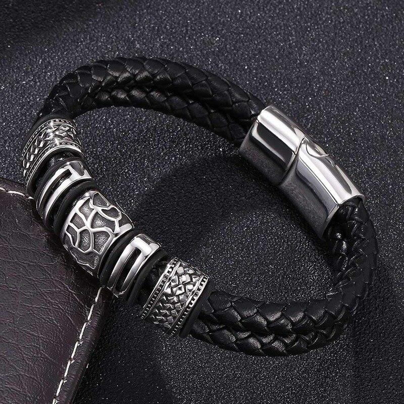Genuine Braided Men Leather Bracelet Charm Stainless Steel Bracelets Fashion Jewelry Male Gift