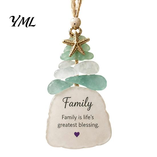 Ocean Inspired Christmas Ornaments Sea Glass Tree Ornament, Seaglass Art Hanging Decor with Starfish Charm, Coastal Holiday Decorations Peace Love Joy