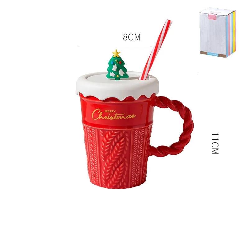 Креативная рождественская кружка Рождественская елка Керамическая кружка для воды Высокий внешний вид Горизонтальная керамическая чашка с крышкой и соломинкой С ручкой Подарок YLE035