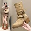 Winter Women Plush Warm Snow Boots Fashion Khaki Suede Leather Elegant Platform Short Boots 6cm Square Heel Casual Ladies Shoes