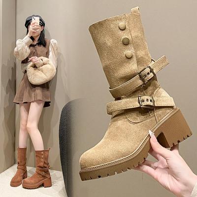 Winter Women Plush Warm Snow Boots Fashion Khaki Suede Leather Elegant Platform Short Boots 6cm Square Heel Casual Ladies Shoes