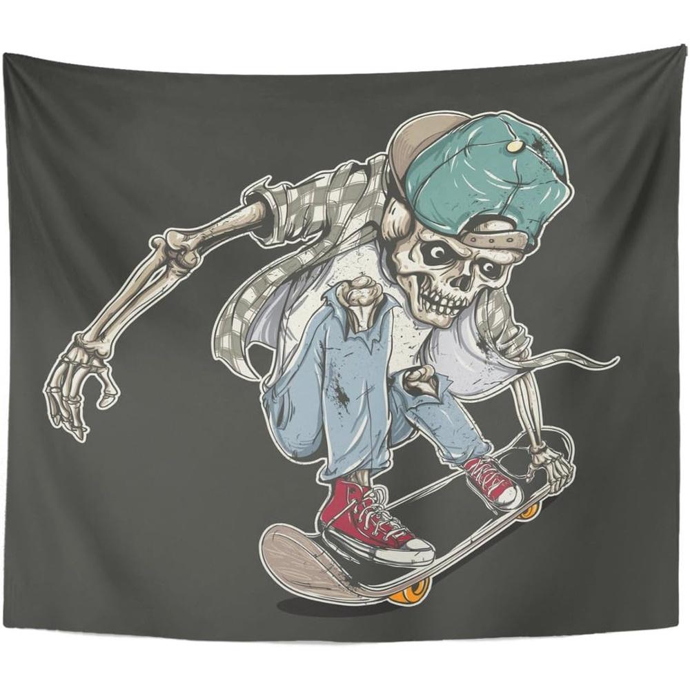 Skateboarding Skeleton Tapestry, American Street Graffiti Wall Art for Bedroom Decor