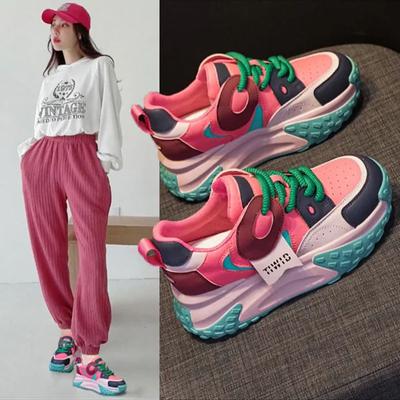 Карминовые женские новые весенние универсальные спортивные туфли на платформе с цветовой блокировкой