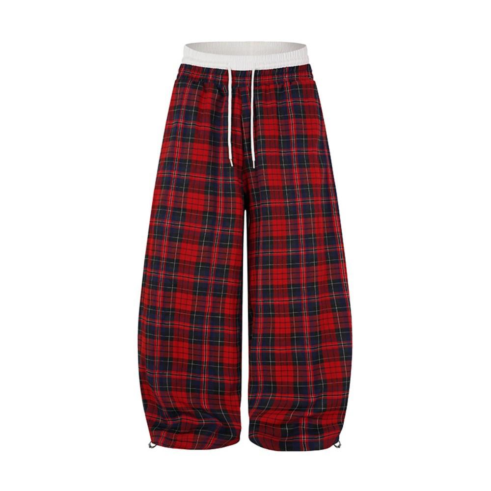 American retro lazy wind drawstring red plaid pants spring and autumn new men's and women's loose wide-leg pants