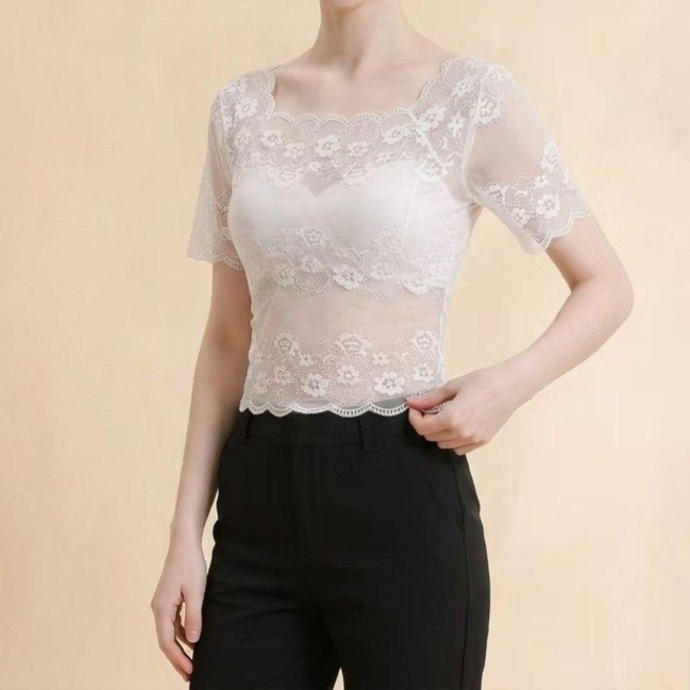Nylon Lace Short Sleeve Top Thin Light Fabric Sling Dress Cover Up Hollow Out Layering Tee Women