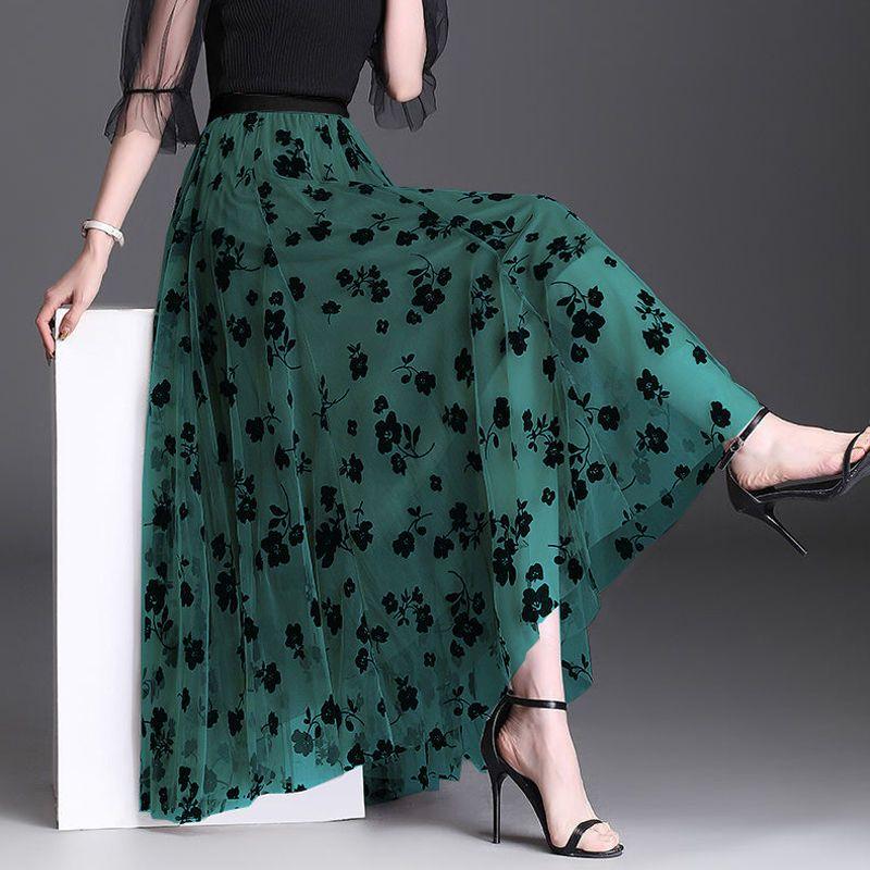 Korean Women Tulle Skirt Fashion Summer Hook Floral Loose Midi Skirt Elegant Female Casual All Match Mesh Skirts