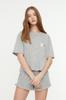 Women's Fashion New Pajama Set Gray Cotton Printed T-shirt-Shorts Knitted Pajama Set