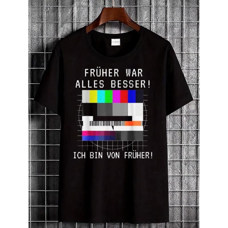 Black T-Shirt with Retro Tv Test Pattern And German Text for Nostalgic Fashion Casual Wear