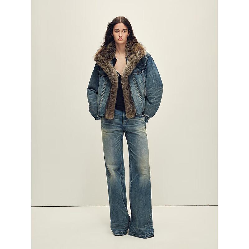 CHIC PARKA Denim Fur-Lined Parka with Raccoon Fur Collar