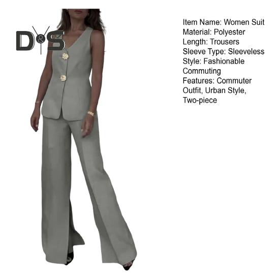 Women Commuting Suit V-neck Sleeveless Top Wide Leg Pants with Split Ends Urban Casual Style Two-piece Set Commuter Outfit for Work Parties Vacations