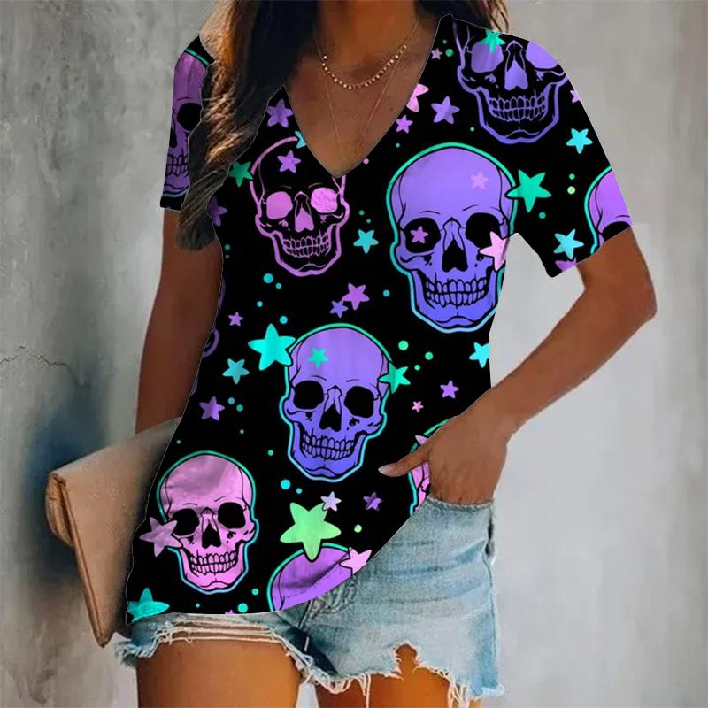 Футболки с 3D-принтом и рисунком черепа, женская летняя повседневная футболка с V-образным вырезом и коротким рукавом, топ Y2k, футболки Harajuku большого размера, женская одежда