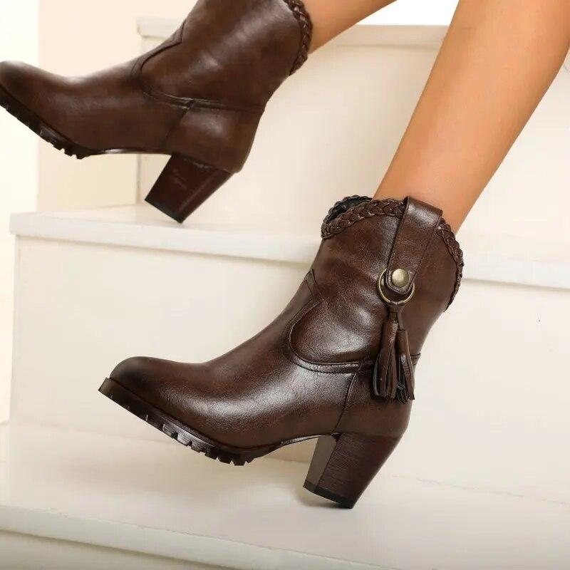 Retro Round Toe Chunky High Heels Brown Womens Boots With Tassel Extra Plus Size 46 47 47 Luxury Woman Shoes Ankle Boots
