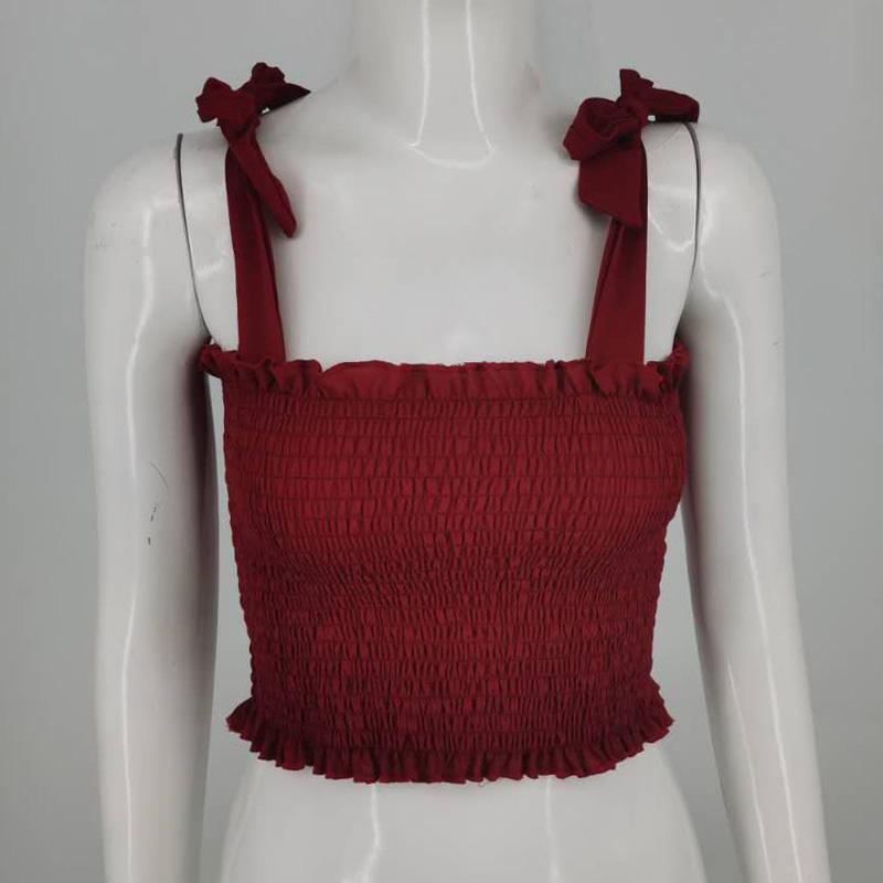 Новый летний осенний укороченный топ, женский укороченный топ с галстуком-бабочкой и рюшами на бретелях, эластичные майки с краями салата, 5 цветов