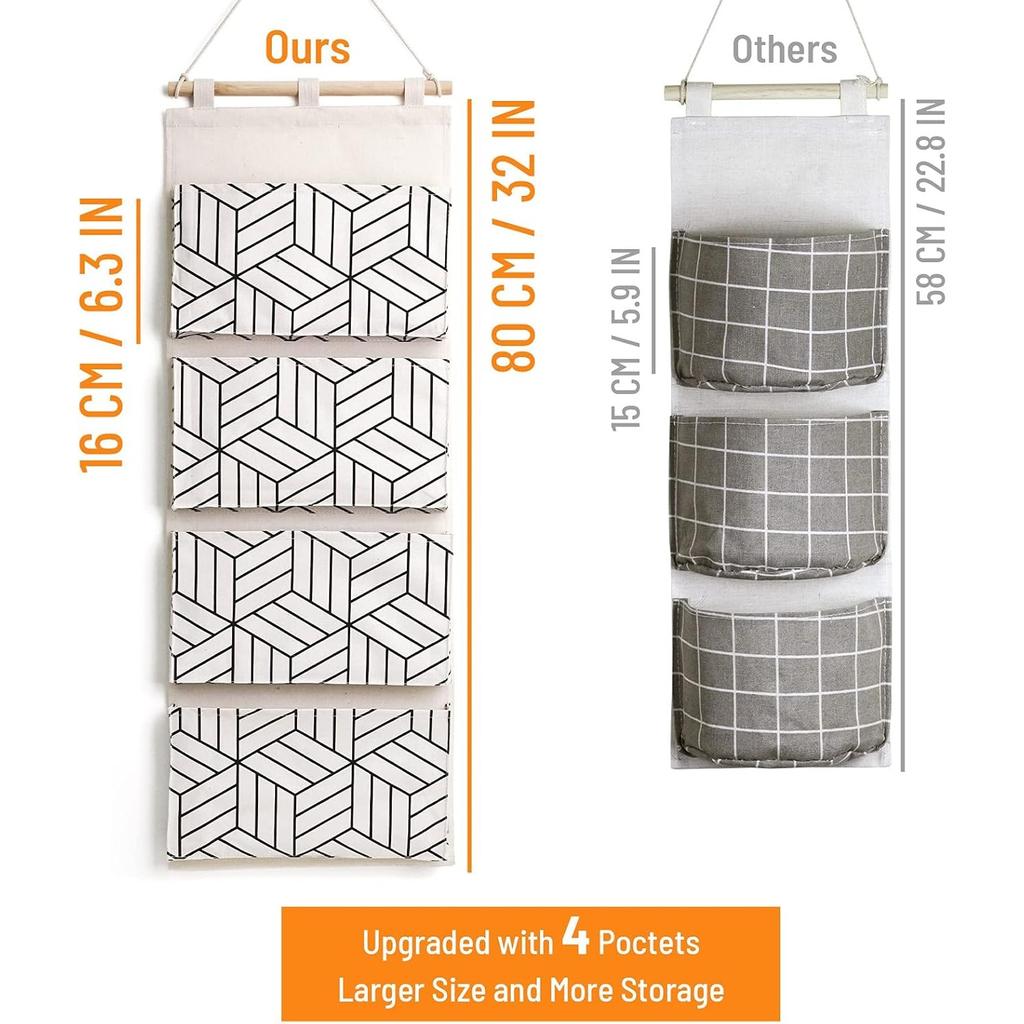 Over Door Hanging Storage Bags Wall Mount Closet Organizer, 4 Big Pockets Linen Cotton Fabric Living Room Bedroom Bathroom