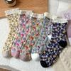 1 пара женских носков в корейском стиле, осенне-зимние, длинные, милые, сладкие, с цветочным узором, модные носки для леди, контрастное кружево, уличный повседневный стиль, Sokken Femme