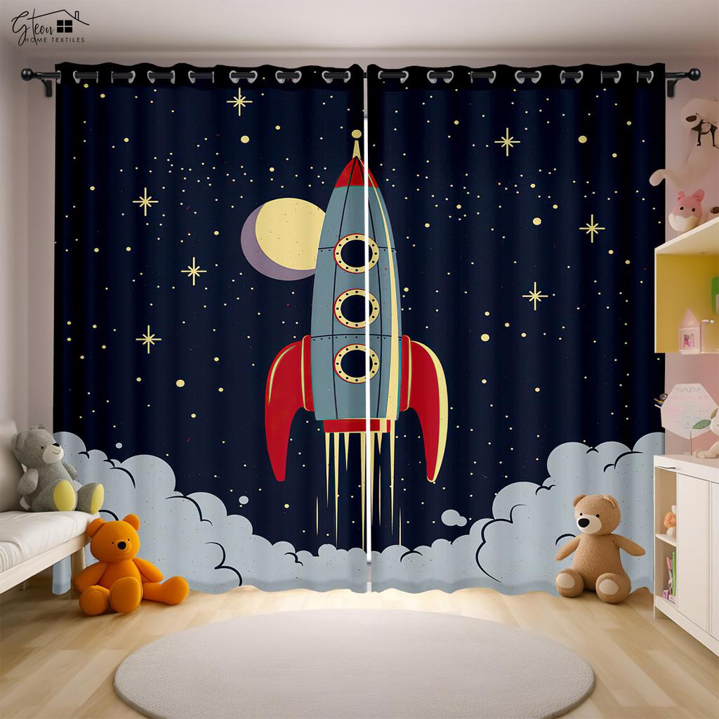 Cartoon Aerospace 3D Printing Drapes Astronaut Spaceman Spaceship Rocket Moon Planet Bedchamber Children ' s SpaceDrapes