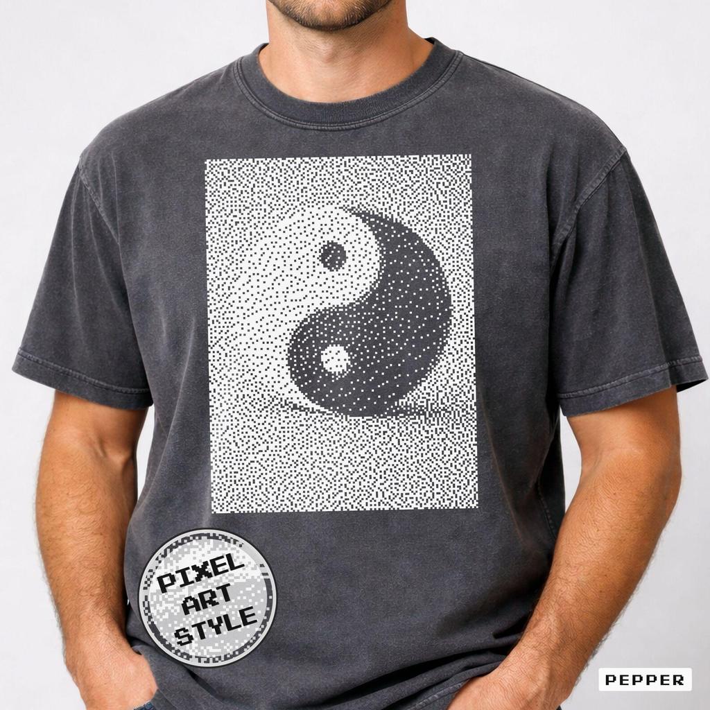 Pixel Art Yin Yang T-Shirt, Retro Dithered Balance Symbol Tee (Comfort Colors 1717) 1BitWear