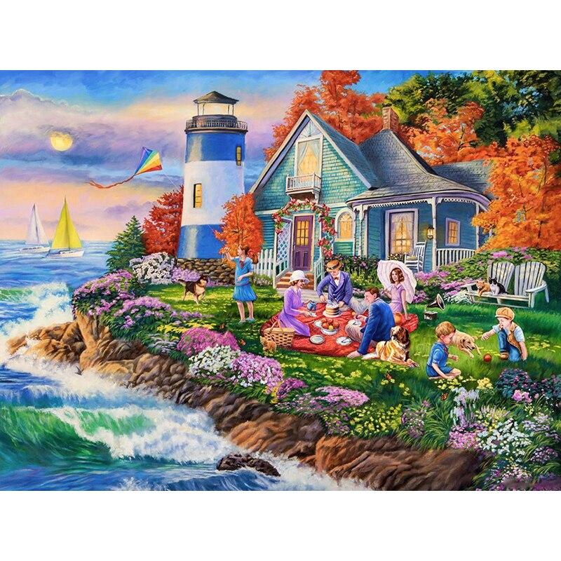 5D DIY Алмазная картина Пейзаж Дом Алмазная вышивка Пейзаж Вышивка крестиком Полный круглый дрель Домашний декор Ручной подарок