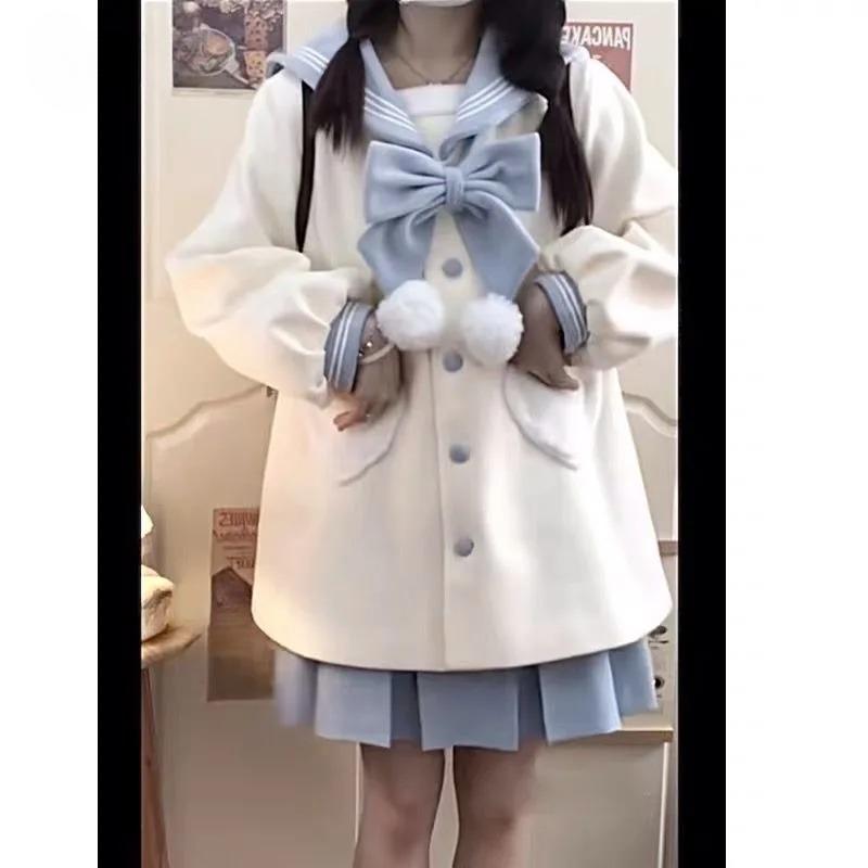 Женские пальто Контрастный матросский воротник бант однобортный сердечко карман сладкий возраст уменьшение универсальное шерстяное пальто женская одежда