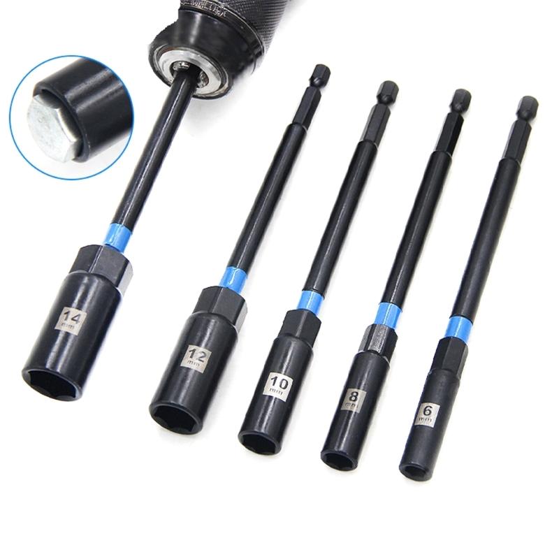 Pack of 5 Long Hexagonal Socket Nut Driver Set for Electric and Pneumatic Tool with Alloy Steel Construction