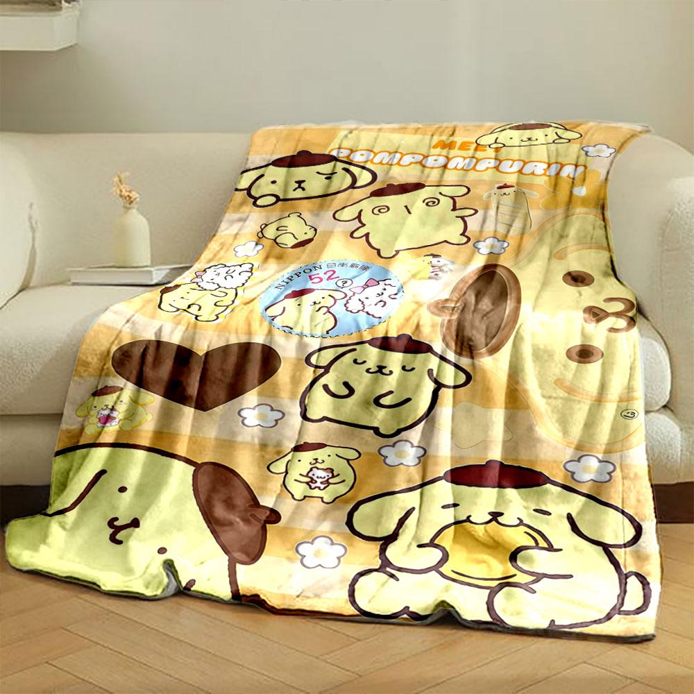 Yellow cartoon dog with brown beret surrounded by hearts and flowers. for all seasons blanket lunch break throw gift